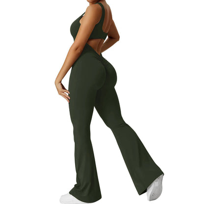 2025 Summer New Women's Sexy Hottie Style Backless One-piece Suit Sports Fitness Yoga Pullover One-piece Suit Flared Pants Green