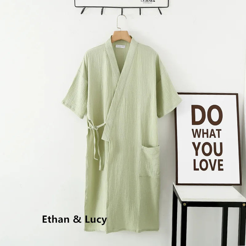 Summer 100% Cotton Gauze Crepe Short Sleeve Robes for Women and Men Solid Bathrobe Loose Soft Japanese-style Kimono Robe 2021 Women light green