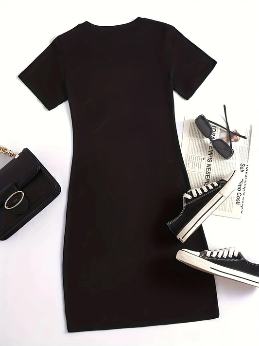 Summer new women's MILANO ITALY letter pattern cartoon print casual slim fit sexy short sleeved round neck T-shirt mini dress Badiee Stylez