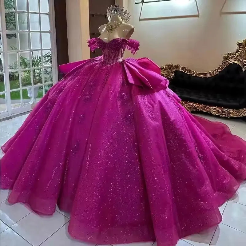 ANGELSBRIDEP Shiny Fuchsia Quinceanera Dresses With Bow Glittering Beading Lace Crystal Vestidos De 15 Anos Birthday Party Prom Badiee Stylez