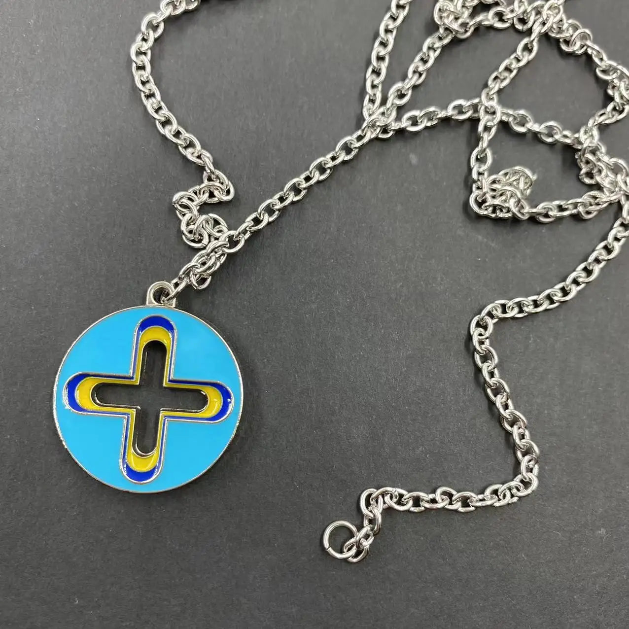 New Trendy Brand Cross Round Brand Dripping Oil Pendant Necklace Hip Hop Niche Design Personality Net Red Same Necklace light blue