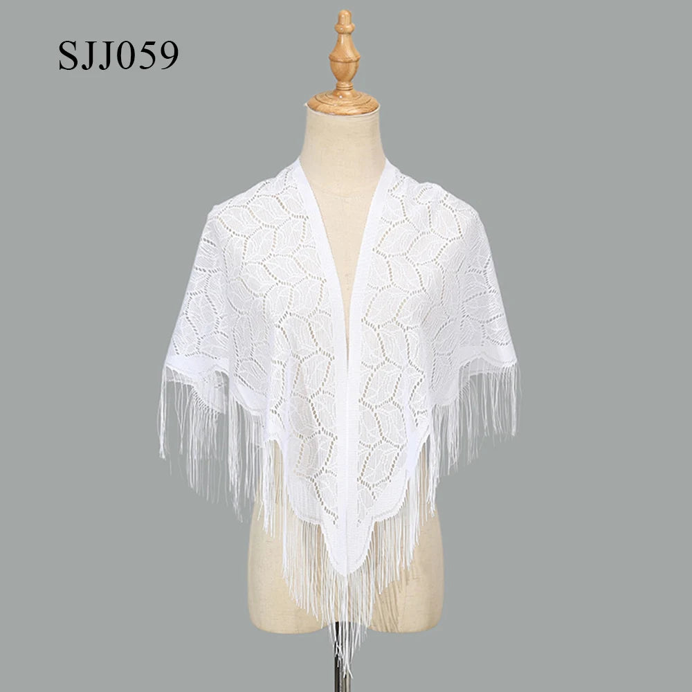 2024 White/Black Catholic Woman Spanish Style Lace Tassel Church Veil Head Covering Long Veil Floral Scarves Wedding Accessories Badiee Stylez