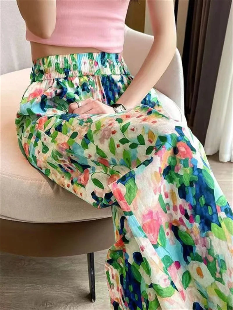 2024 Summer New Beach Pants Loose Wide-Leg Pant for Women Seaside Leisure INS High Waist Cropped Pant Straight Floral Trousers