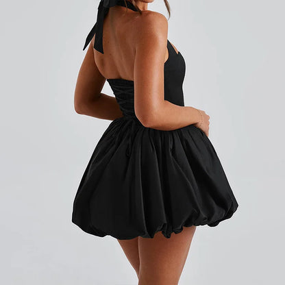 Summer new European and American spicy girl style sexy waist cinching slimming puffy skirt hanging neck tie solid color dress