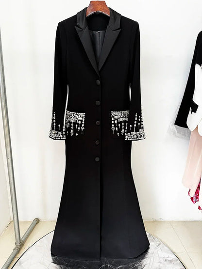 HIGH STREET Newest 2025 Designer Fashion Women's Long Sleeve Notched Collar Rhinestone Diamonds Beading Maxi Long Dress Badiee Stylez