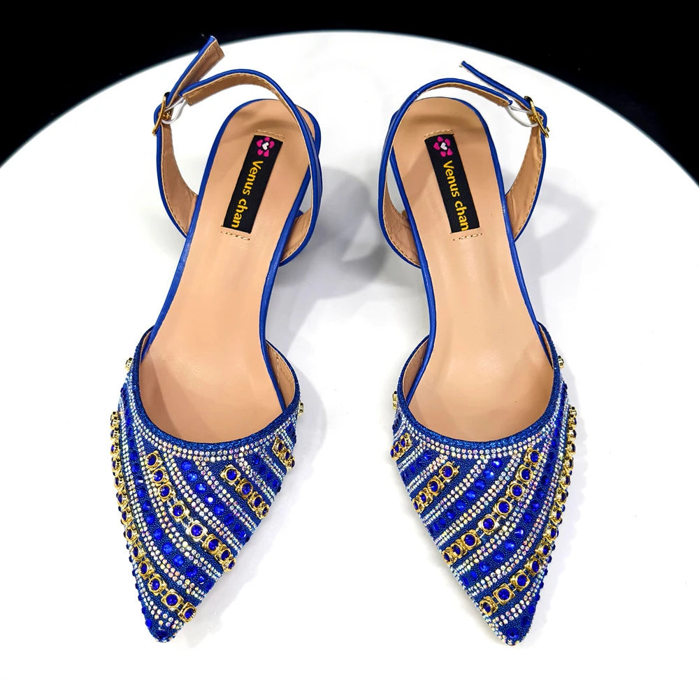 2025 Luxurious Italian Women's Party Shoes & Bag Set – Elegant Golden Rhinestone Spring/Summer Sandals with Pointed High Heels f