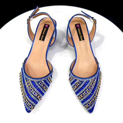 2025 Luxurious Italian Women's Party Shoes & Bag Set – Elegant Golden Rhinestone Spring/Summer Sandals with Pointed High Heels f