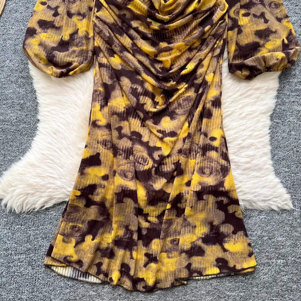 Chic vintage long sleeve Criss-Cross print pleated Elegant Fairy korean fashion dress women clothing Long dress