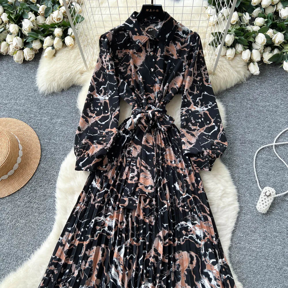 Chic vintage long sleeve turn-down collar button pleated Elegant Fairy korean fashion Boho women clothing Long dress