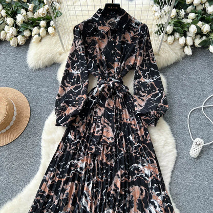 Chic vintage long sleeve turn-down collar button pleated Elegant Fairy korean fashion Boho women clothing Long dress