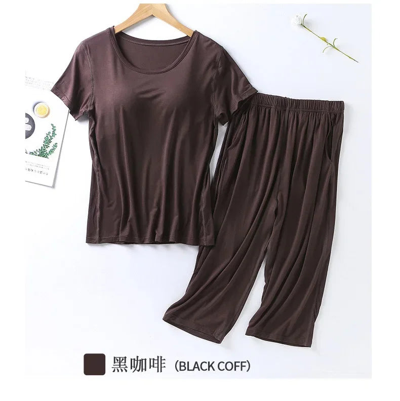 2025 summer new ladies modal pajamas two-piece suit with chest pad short-sleeved cropped trousers plus size home service set 06