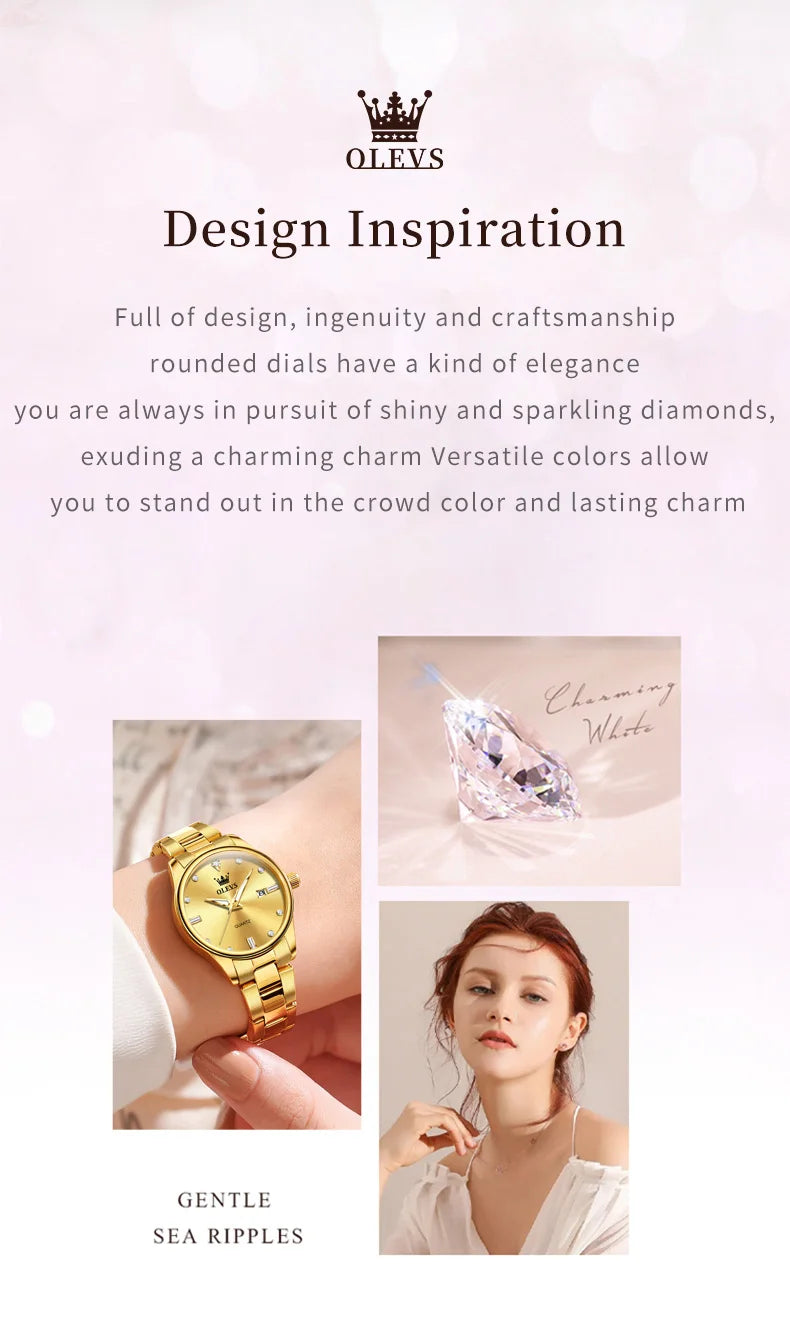OLEVS Elegant Fashion Brand Women's Watches Gold Waterproof cCalendar Quartz Watch for Lady Stainless Steel Original Wristwatch