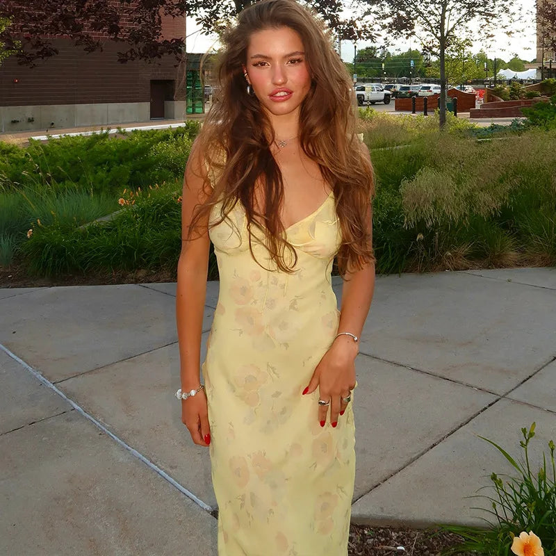 Women's Floral Cami Dress Slim Tie Bow Deep V Neck Backless Ruffle Spaghetti Strap Long Bodycon Dress for Party Club