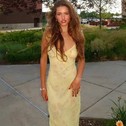 Women's Floral Cami Dress Slim Tie Bow Deep V Neck Backless Ruffle Spaghetti Strap Long Bodycon Dress for Party Club