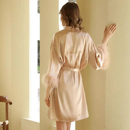 Kimono Bride Bridesmaid Robe Loungewear Wedding Bathrobe Gown Feather Women Embroidery Letter Sleepwear Short Satin Nightgown Champagne Bridesmaid