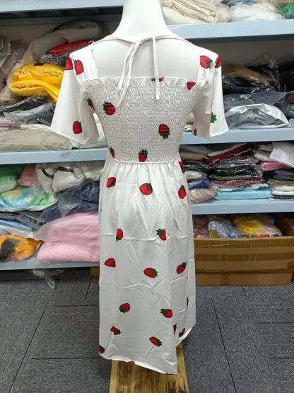 Vintage Kawaii Strawberry Dress Women Sexy Ruffle Puff Sleeve Off Shoulder Embroidery Summer Party Dresses 2023 Korean Elegant