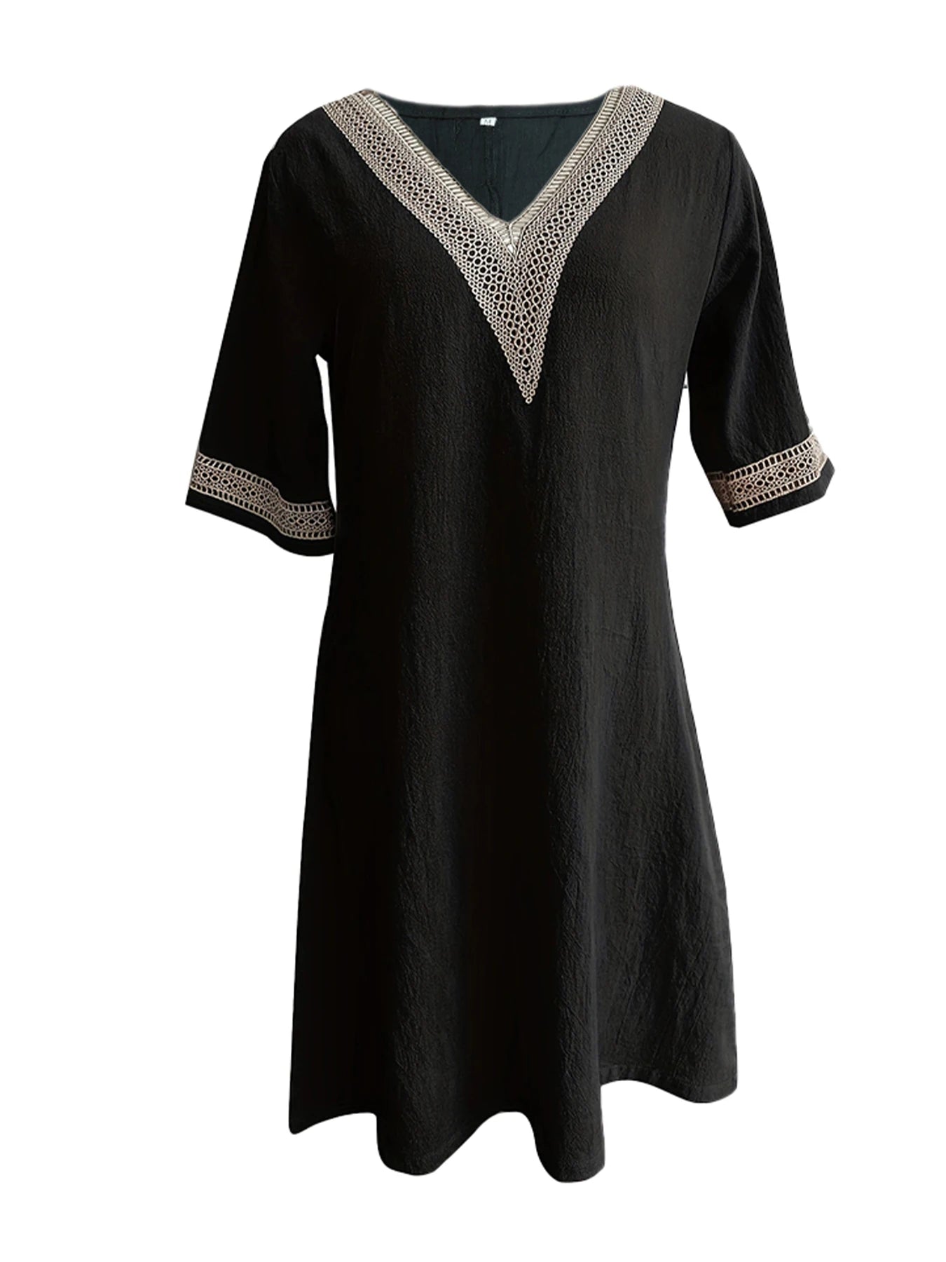 Chic Guipure Lace V-Neck Tunic Dress - Easy-Care, Knee-Length, All- Season Comfort with Stylish Hollow Details Badiee Stylez