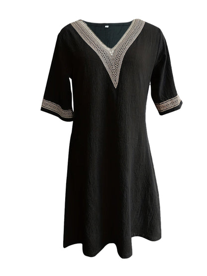 Chic Guipure Lace V-Neck Tunic Dress - Easy-Care, Knee-Length, All- Season Comfort with Stylish Hollow Details Badiee Stylez