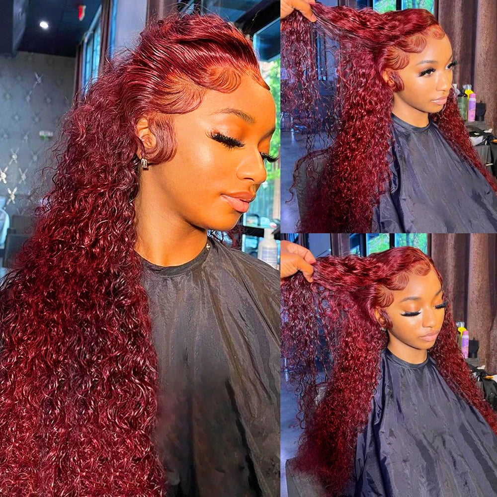 30 36Inch 99J Burgundy 13x6 Hd Lace Frontal Human Hair for women Red Colored 13x4 Transparent Lace Curly deep wave frontal wig Badiee Stylez