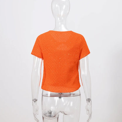 Elegant Sequined Orange Cardigans Women Y2k O-neck Short Sleeve One Button Female Tops 2025 Street Summer Lady Chic Knitwear