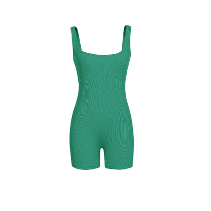 Women's Solid Color Camisole Square Neck Stretchy One-Piece Jumpsuit Sports Tank Top with Tight Pants And Belly Control