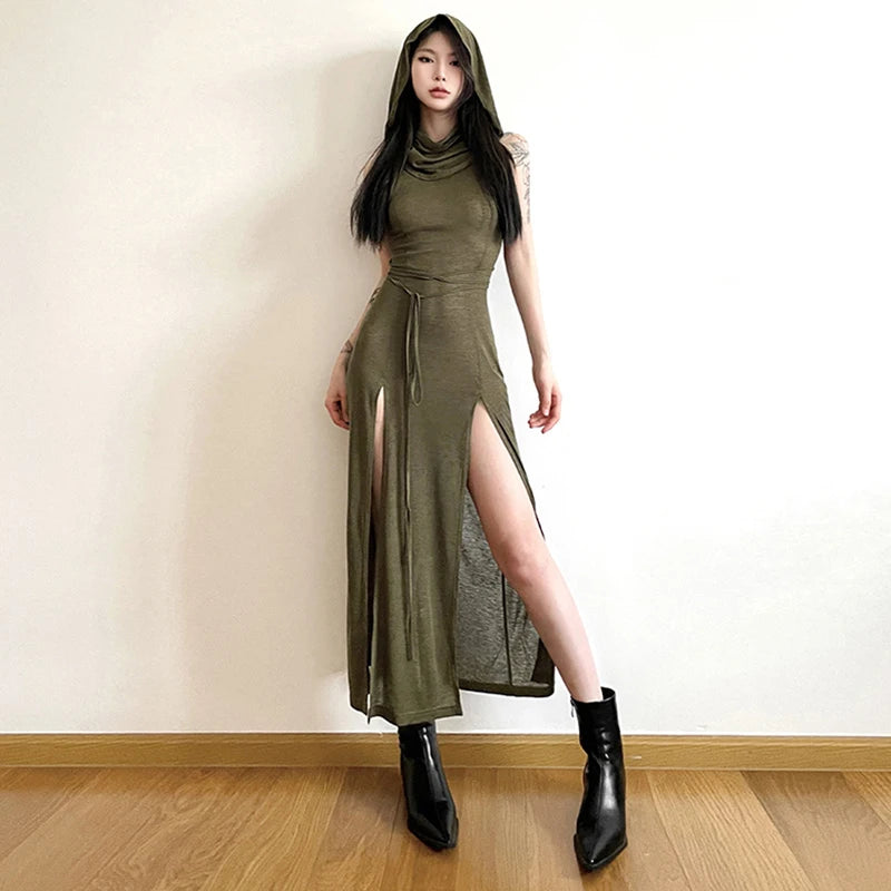 Xingqing Grunge Dress y2k Women Clothes Solid Color Sleeveless Hollow Out Back Slit Hooded Dress 2000s Halloween Party Dresses