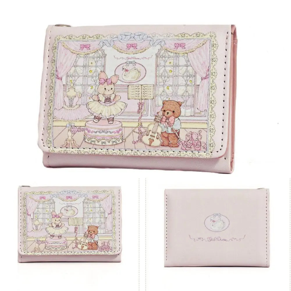 Vintage Bear and Rabbit Short Wallet Multi Slot Portable Money Bag PU Coin Purse Girl
