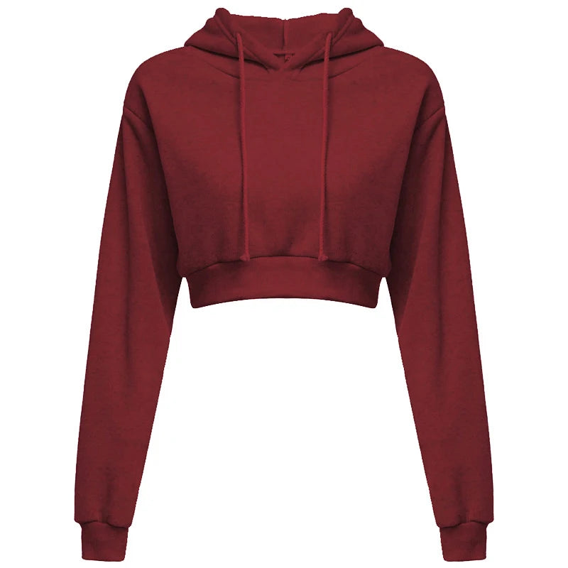 New Fashion Women Hoodie Sweatshirt Short Top Coat Sport Pullover Hooded Tops Female Autumn Winter Clothes Crop Top Hoodie Claret