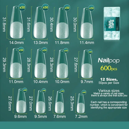 NAILPOP Soft Gel Nail Tips 600PCS Pre-Buff Full Cover Coffin Almond Oval Shaped Nail Extenison Tips Half Matte Gel X Fake Nails