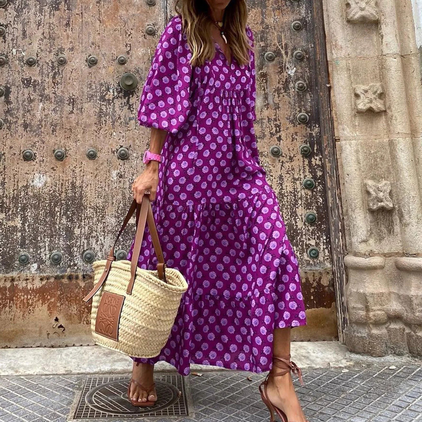 Puff Sleeve Boho Maxi Dress Elegant Women Summer 2022 Casual Floral Drawstring V-Neck Loose Holiday Beach Dresses Party Vestidos Badiee Stylez