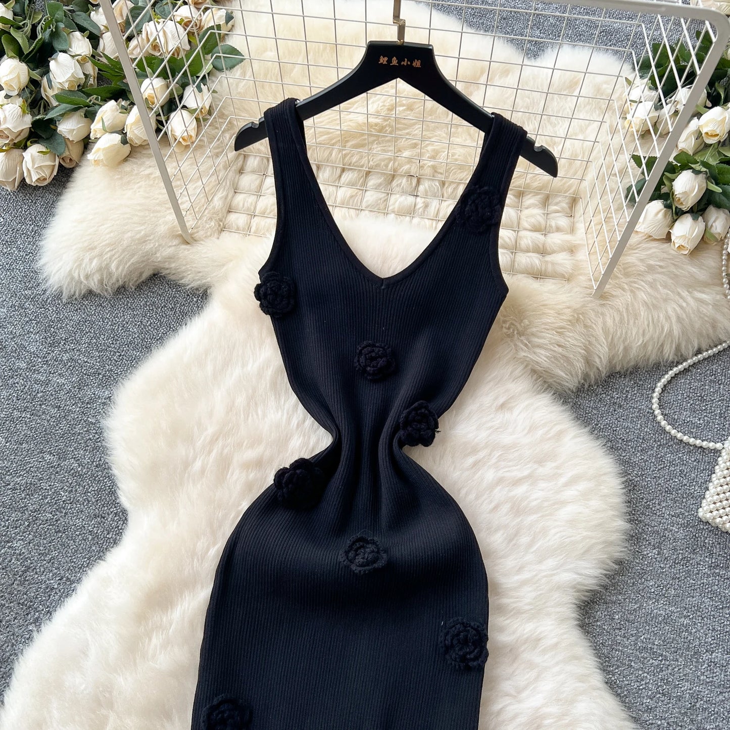 SINGREINY Knitted 3D Flower Chic Dress Sleeveless Slim Solid Elastic Sundress Women Summer Casual Fashion Bodycon Long Dresses