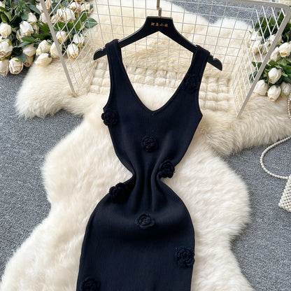 SINGREINY Knitted 3D Flower Chic Dress Sleeveless Slim Solid Elastic Sundress Women Summer Casual Fashion Bodycon Long Dresses