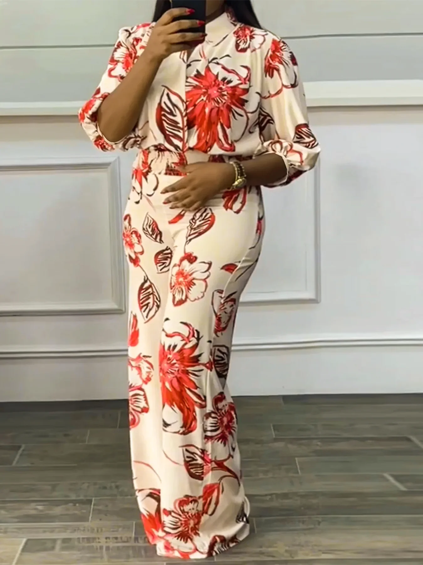 Women's Long Bottom Cross-Neck Suit, Bright Fashion Flower Print Pattern, Waist-cinching Short Top, Plus Size, Spring & Summer