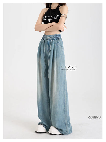 Summer Luxury Soft Cozy 100%Lyocell Fabric Woman Jeans Loose Wide Leg Elastic Waist Pants Fashion Casual Trousers Plus Length