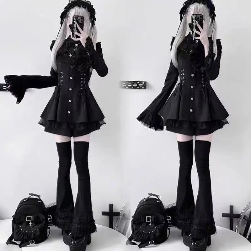 Y2k Aesthetic Lolita Style Bow Dress Shorts Set Japanese Women Gothic Lace Flare Sleeve Button Shirt Dress Punk Party Mini Dress