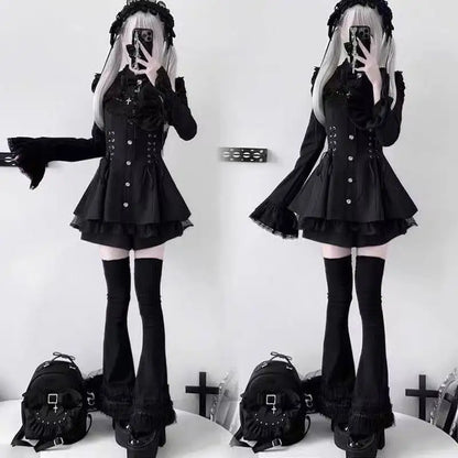 Y2k Aesthetic Lolita Style Bow Dress Shorts Set Japanese Women Gothic Lace Flare Sleeve Button Shirt Dress Punk Party Mini Dress