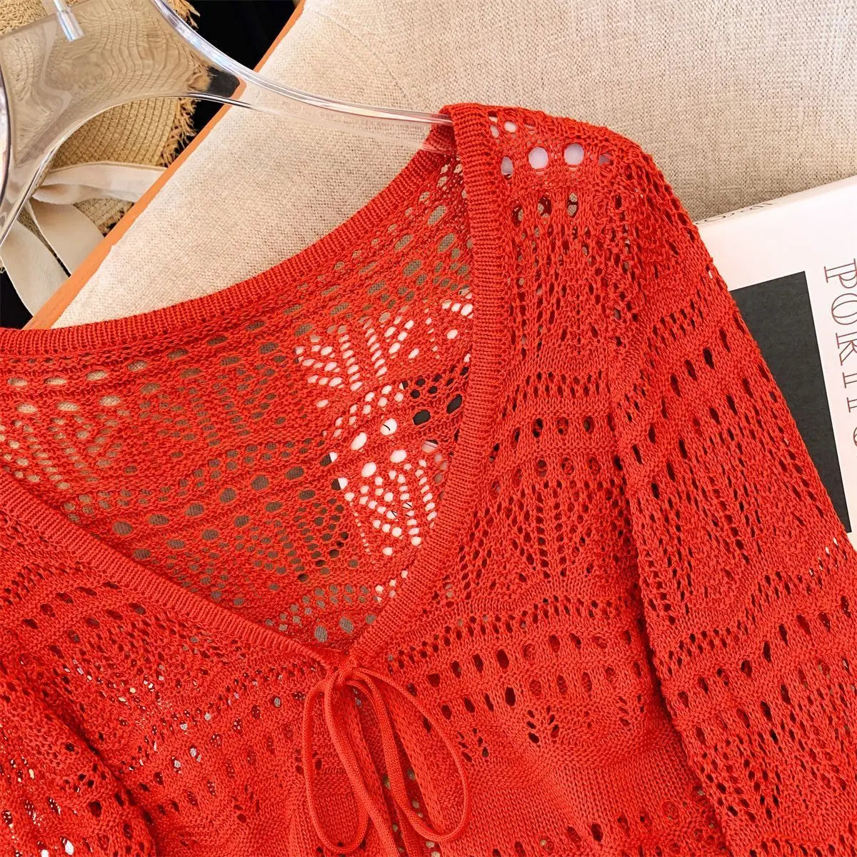 French Mori Girl Style Women's Hollow Out Crochet Sun Protection Commuter Knitted Cardigan Long-sleeved Sweet Short Top