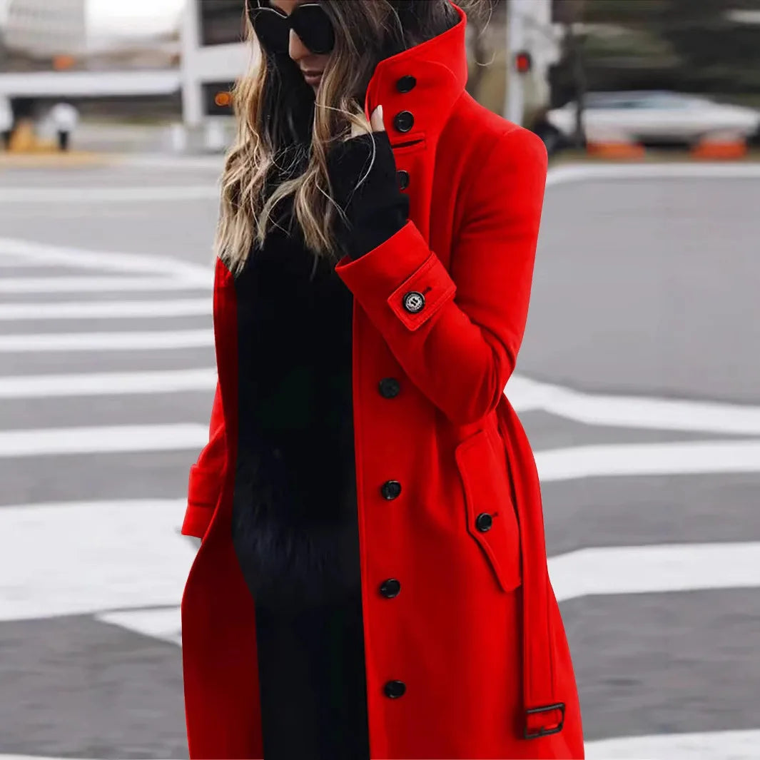 New Solid Color Button Long Wool Coat Autumn Warm Stand Collar Women Coat Fashion Ladies High Neck Pocket Belt Trench Coat Badiee Stylez
