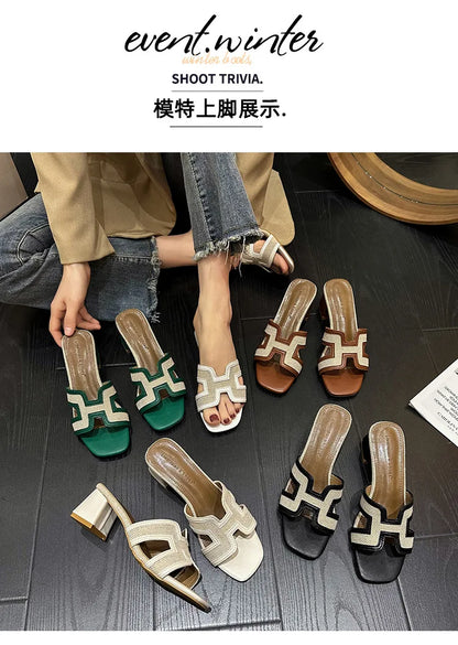 2025 Summer new arrival,fashion style grids high heel slippers for woman,thick heel outwear beach sandals for women