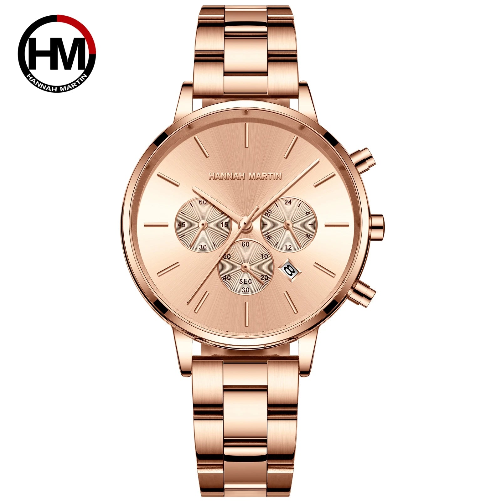 HANNAH MARTIN Brand Women Multifunctional Watch Original Stainless Steel Rose Gold 36mm Quartz Movement Casual Banquet Wristatch 1101CC-F