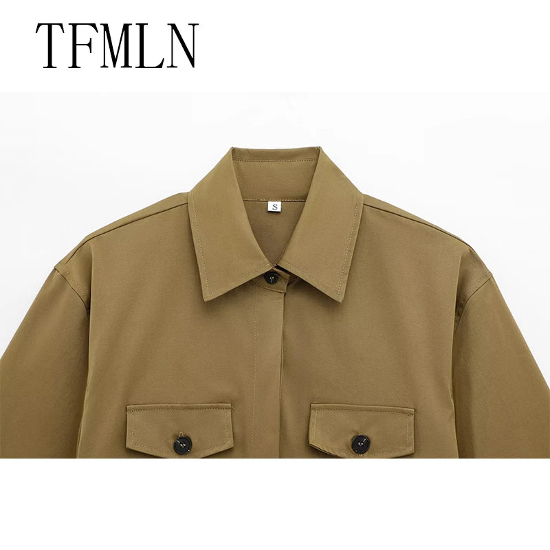 TFMLN Spring Summer New 2pcs Sets 2025 Women Solid Color Short Sleeve Shirts Pockets Tops Casual Shorts Sets