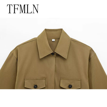 TFMLN Spring Summer New 2pcs Sets 2025 Women Solid Color Short Sleeve Shirts Pockets Tops Casual Shorts Sets