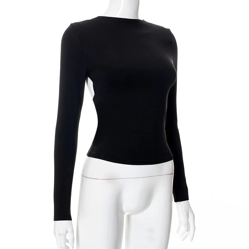 Backless Short Sleeve Blue Y2K Crop Top Women Casual O Neck Summer T Shirts Sexy Vintage Cut Out