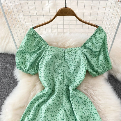 Summer Vintage Dress Blue Floral Summer Bubble Sleeve Tie Up Sexy Dresses Women A-line Print Split Long Dress Elegant Vestidos