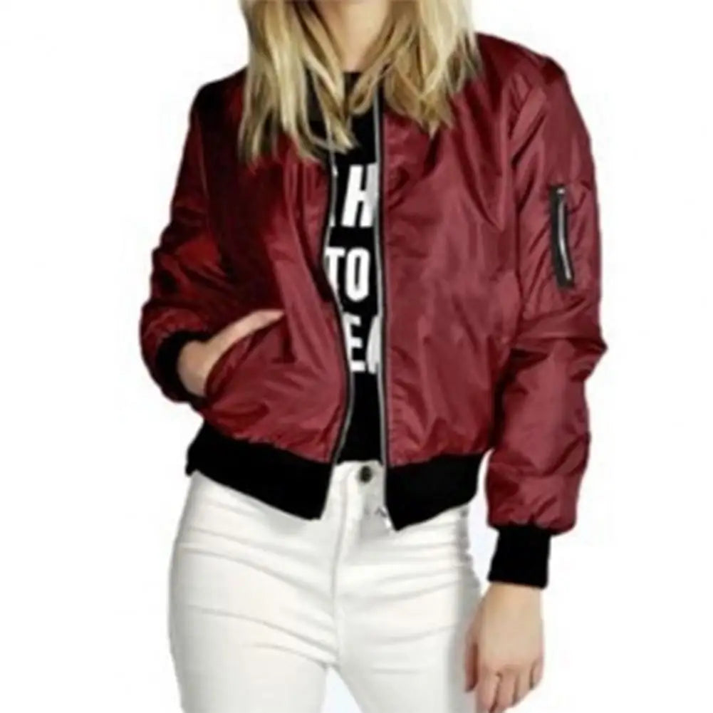 Women Casual Pocket Jacket Loose Commuter Streetwear Lady Spring Coat Zipper Cardigan Stand Collar Women Jacket Outerwear Wine Red