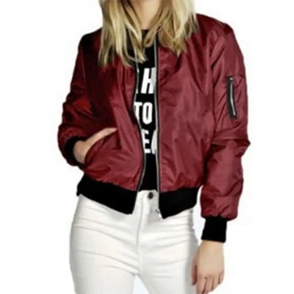 Women Casual Pocket Jacket Loose Commuter Streetwear Lady Spring Coat Zipper Cardigan Stand Collar Women Jacket Outerwear Wine Red