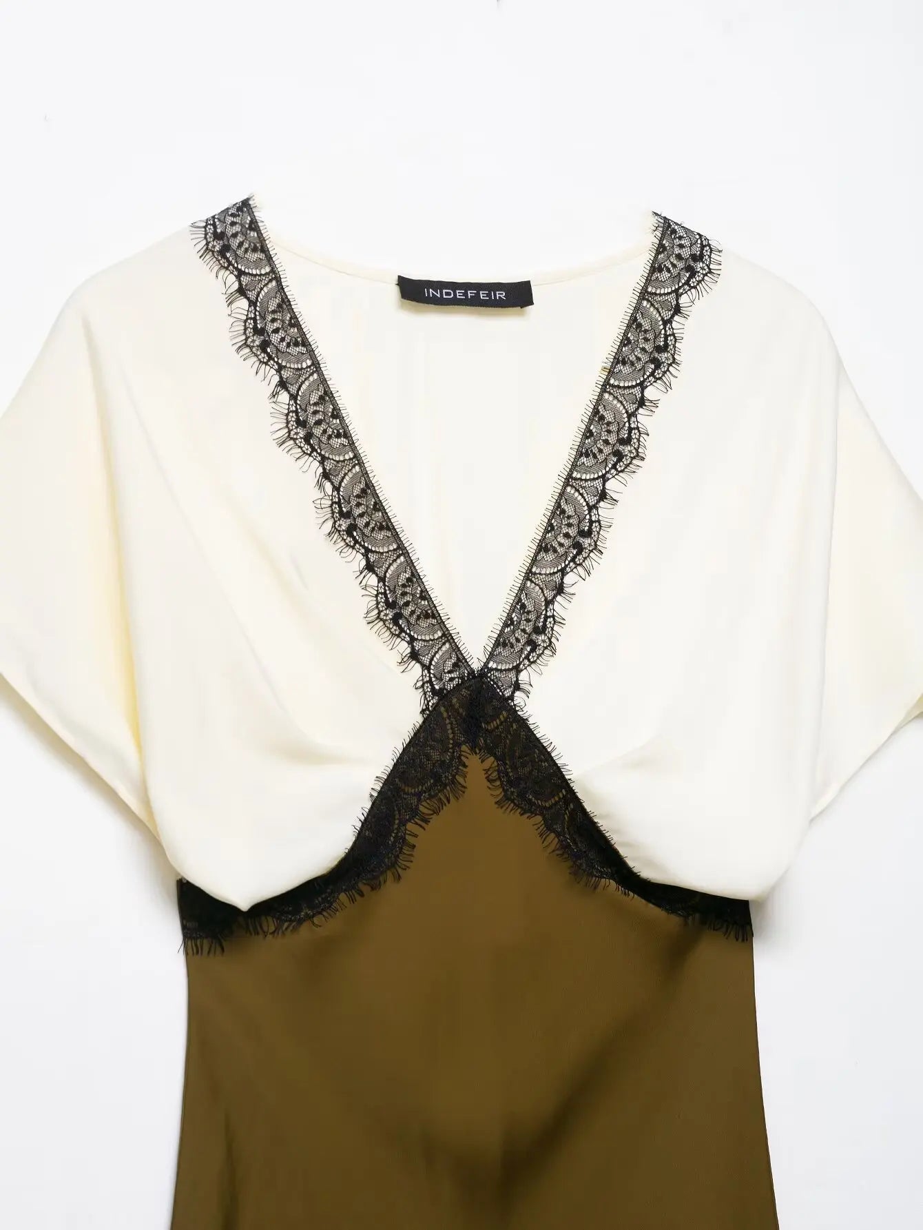 TRAF women's V-neck short sleeved autumn new item 2025 contrasting lace silk texture MIDI dress long  French evening dress Badiee Stylez