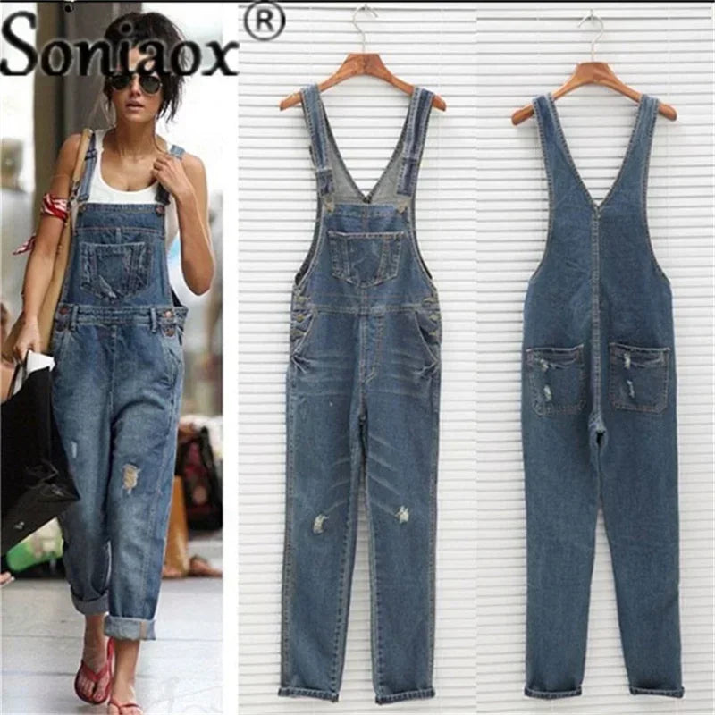 Casual Streetwear Hole Denim Jumpsuits Women 2024 Loose Suspenders Pocket Long Pants Waistline Straight Jeans Rompers