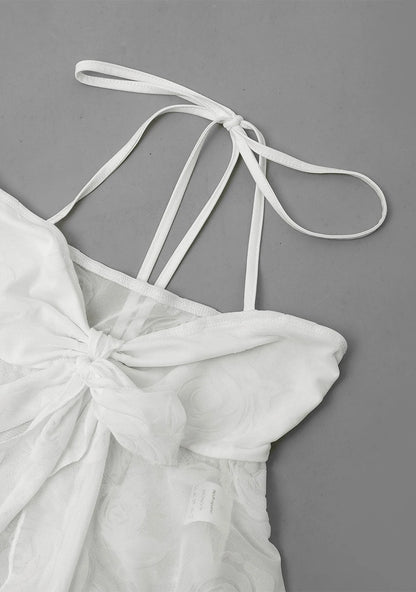 Women's Fashion Ruffle Irregular Hem Mesh Flower Flocking Sexy Front Chest Bow Tie Halter Neck Suspender Top