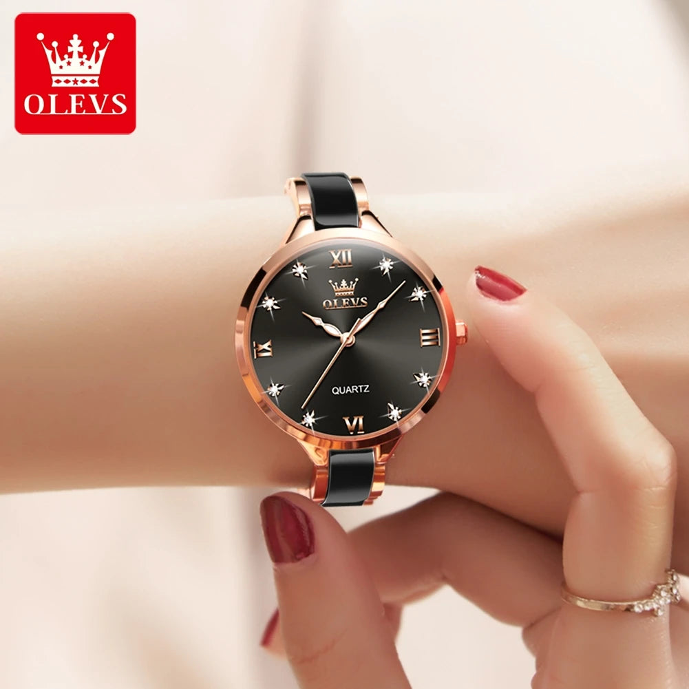 OLEVS 5872 Women Watch Elegant Luxury Original Quartz Watch Waterproof Luminous Ceramic Strap Watches For Women Bracelet Set